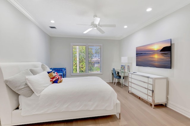 7090 Ayrshire Ln, Boca Raton, FL 33496 - bedroom with light wood-type flooring, recessed lighting, baseboards, ornamental molding, and ceiling fan