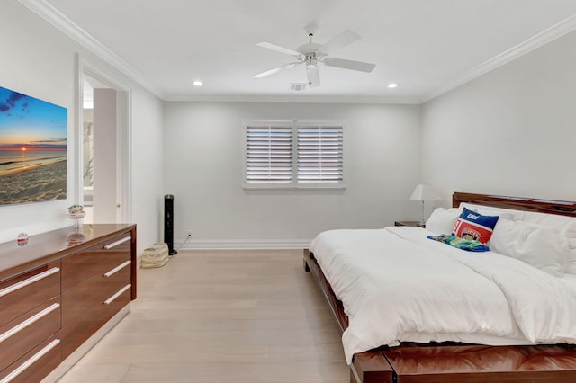 7090 Ayrshire Ln, Boca Raton, FL 33496 - bedroom featuring ornamental molding, light wood-style flooring, baseboards, recessed lighting, and ceiling fan