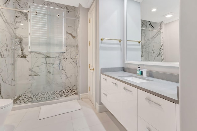 7090 Ayrshire Ln, Boca Raton, FL 33496 - full bathroom with a marble finish shower, vanity, toilet, and recessed lighting