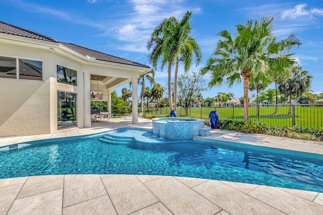 7090 Ayrshire Ln, Boca Raton, FL 33496 - view of pool featuring fence, a patio, a pool with connected hot tub, and ceiling fan