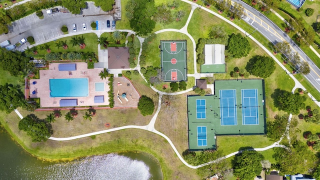 drone / aerial view featuring a water view