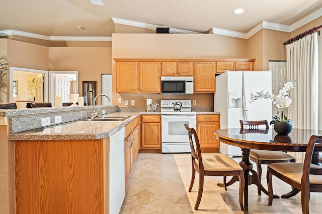 kitchen with recessed lighting, a sink, crown molding, a peninsula, and white appliances