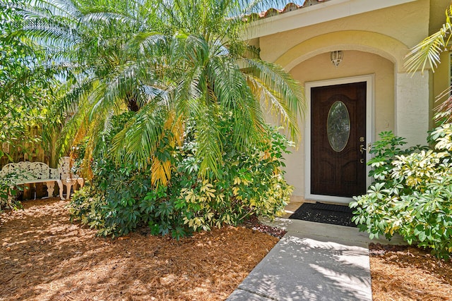 doorway to property featuring stucco siding