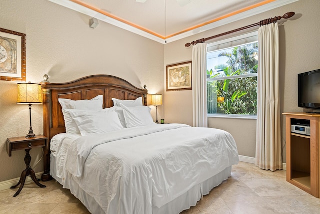 bedroom featuring crown molding, multiple windows, and baseboards