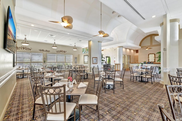 dining space with carpet floors, ceiling fan, and recessed lighting