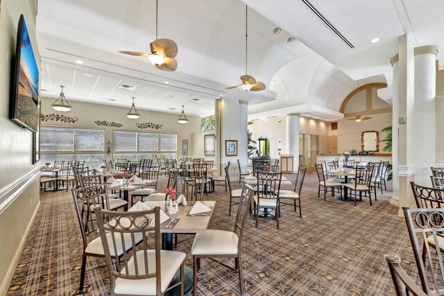 4059 Gator Trace Rd, Fort Pierce, FL 34982 - carpeted dining room with ceiling fan, recessed lighting, baseboards, and a high ceiling