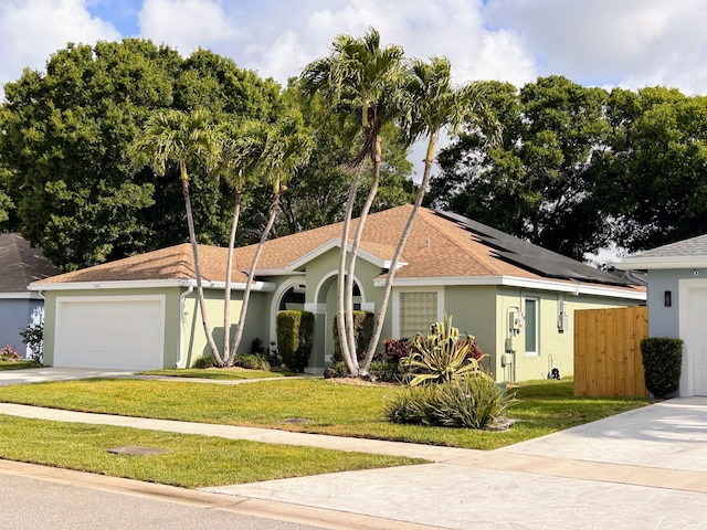 6446 Terra Rosa Cir, Boynton Beach, FL 33472 - view of front of house featuring concrete driveway, stucco siding, an attached garage, roof mounted solar panels, and roof with shingles