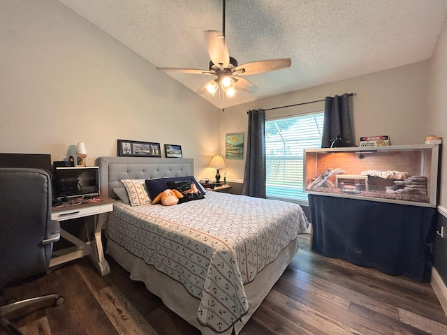 6446 Terra Rosa Cir, Boynton Beach, FL 33472 - bedroom with a textured ceiling, wood finished floors, vaulted ceiling, and ceiling fan