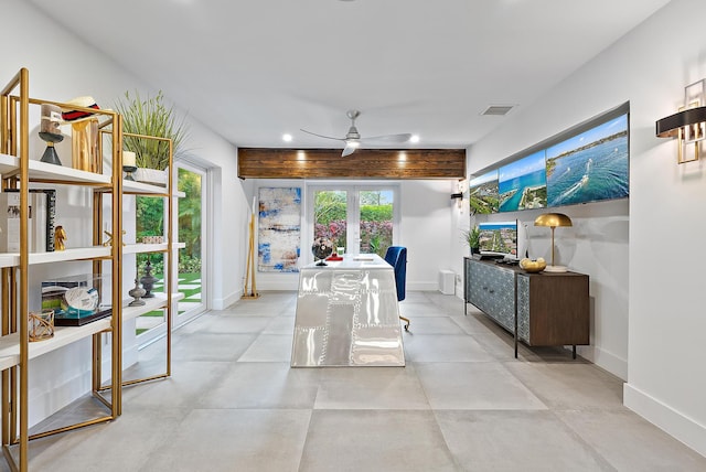 interior space with recessed lighting, baseboards, visible vents, and french doors