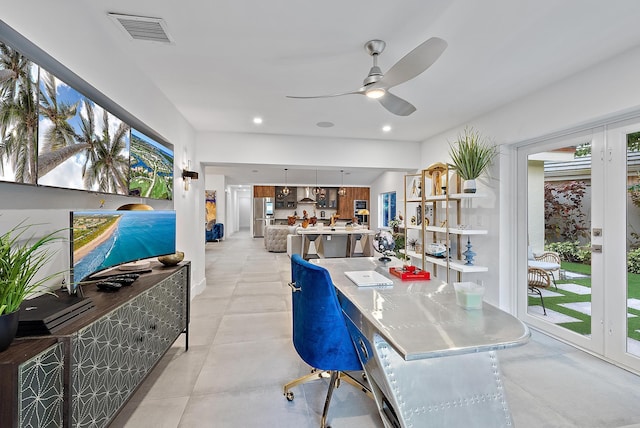 dining space with visible vents, recessed lighting, plenty of natural light, and ceiling fan