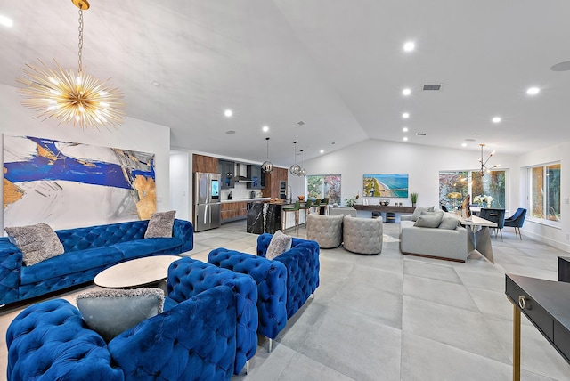 living area featuring recessed lighting, a chandelier, vaulted ceiling, and visible vents