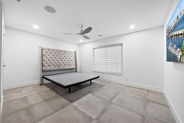 bedroom with baseboards, a ceiling fan, and recessed lighting
