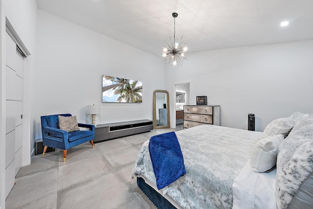 bedroom featuring recessed lighting, concrete flooring, a chandelier, and vaulted ceiling