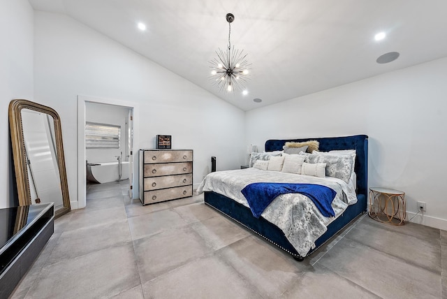 bedroom with high vaulted ceiling, baseboards, concrete floors, a chandelier, and recessed lighting