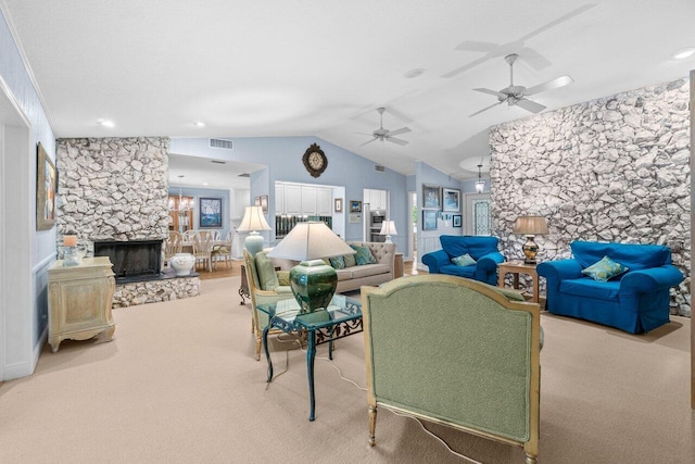 carpeted living area with visible vents, recessed lighting, ceiling fan with notable chandelier, and vaulted ceiling