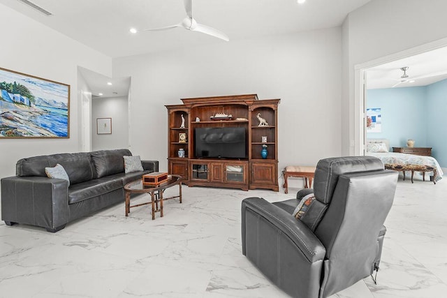 3352 SE Cascadia Way, Hobe Sound, FL 33455 - living area featuring recessed lighting, ceiling fan, visible vents, and marble finish floor