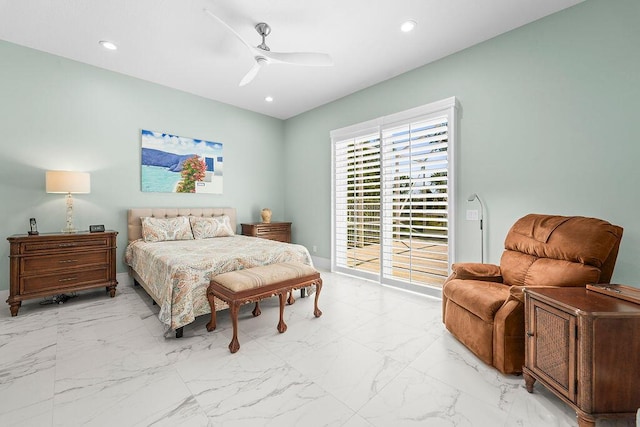 3352 SE Cascadia Way, Hobe Sound, FL 33455 - bedroom with access to exterior, marble finish floor, recessed lighting, a ceiling fan, and baseboards