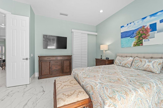 3352 SE Cascadia Way, Hobe Sound, FL 33455 - bedroom featuring baseboards, visible vents, recessed lighting, and marble finish floor