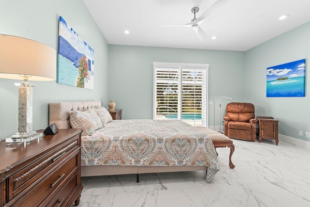 3352 SE Cascadia Way, Hobe Sound, FL 33455 - bedroom with a ceiling fan, baseboards, recessed lighting, and marble finish floor