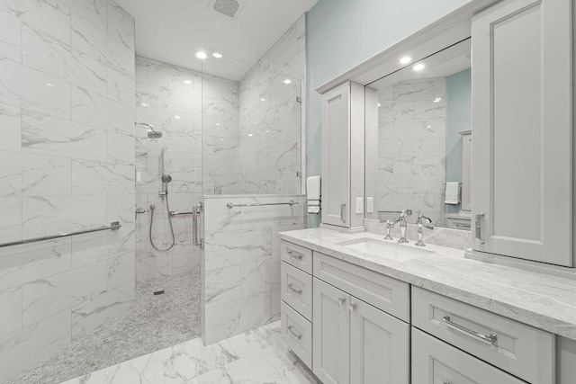 3352 SE Cascadia Way, Hobe Sound, FL 33455 - full bathroom with recessed lighting, a marble finish shower, marble finish floor, and vanity