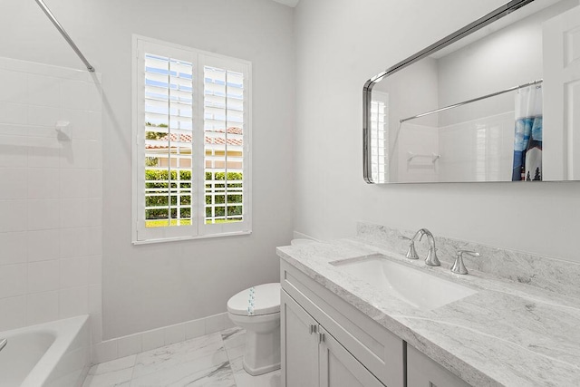 3352 SE Cascadia Way, Hobe Sound, FL 33455 - bathroom featuring vanity, toilet, shower / bath combination with curtain, marble finish floor, and baseboards