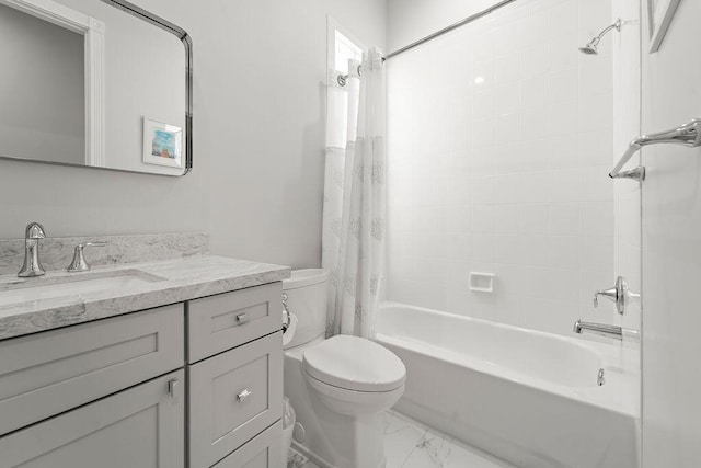 3352 SE Cascadia Way, Hobe Sound, FL 33455 - bathroom with toilet, shower / bath combo with shower curtain, marble finish floor, and vanity