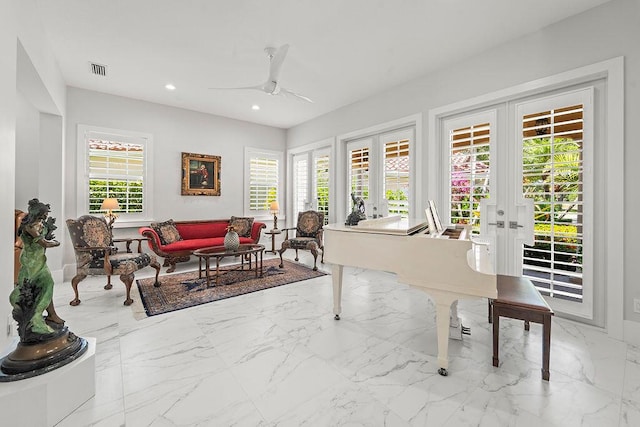 3352 SE Cascadia Way, Hobe Sound, FL 33455 - interior space with visible vents, marble finish floor, recessed lighting, french doors, and a ceiling fan