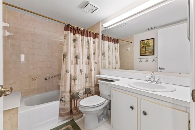 bathroom featuring vanity, toilet, tile patterned floors, shower / bath combo with shower curtain, and visible vents