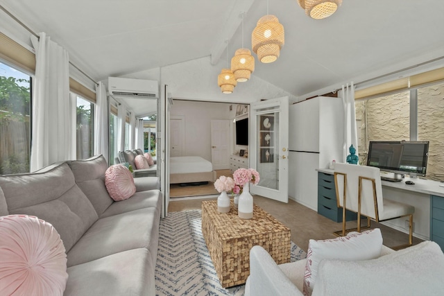 951 Selkirk St, West Palm Beach, FL 33405 - living area featuring a wall mounted AC, vaulted ceiling, and an office area