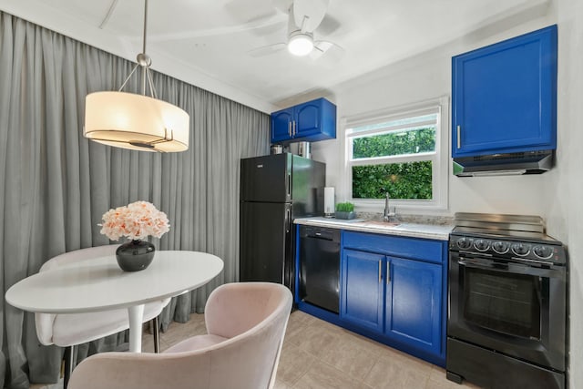 951 Selkirk St, West Palm Beach, FL 33405 - kitchen with blue cabinetry, a sink, light countertops, black appliances, and under cabinet range hood
