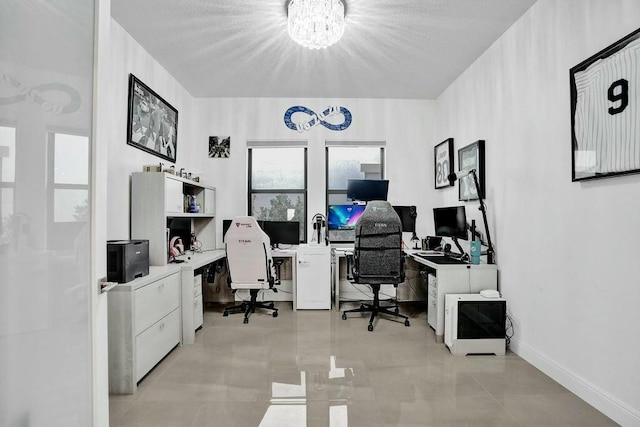 12170 N Baypoint Cir, Parkland, FL 33076 - home office featuring light tile patterned flooring and a notable chandelier