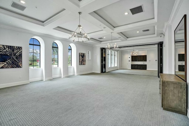 12170 N Baypoint Cir, Parkland, FL 33076 - unfurnished living room featuring a notable chandelier, coffered ceiling, visible vents, carpet, and arched walkways