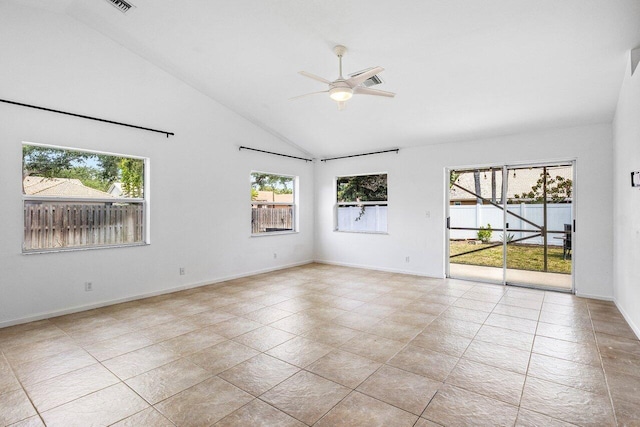 3803 S Lancewood Pl, Delray Beach, FL 33445 - unfurnished room with a ceiling fan, light tile patterned floors, a wealth of natural light, and high vaulted ceiling