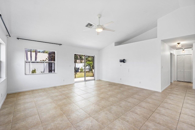 3803 S Lancewood Pl, Delray Beach, FL 33445 - unfurnished room featuring ceiling fan, visible vents, light tile patterned floors, and high vaulted ceiling
