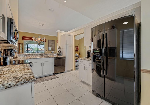 kitchen with hanging light fixtures, a sink, black appliances, a notable chandelier, and white cabinetry