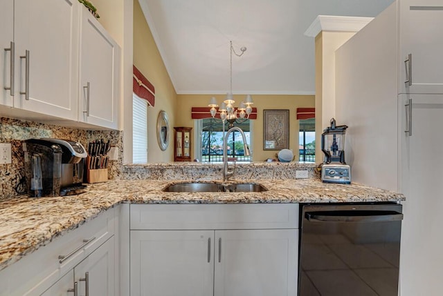 kitchen featuring crown molding, black dishwasher, white cabinetry, a sink, and backsplash