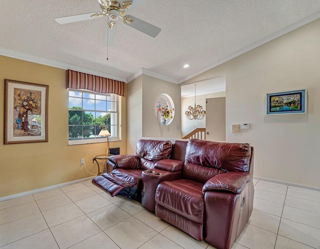 living room featuring crown molding, light tile patterned flooring, a textured ceiling, and ceiling fan with notable chandelier