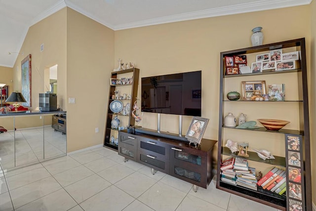 living area featuring tile patterned flooring, ornamental molding, and baseboards