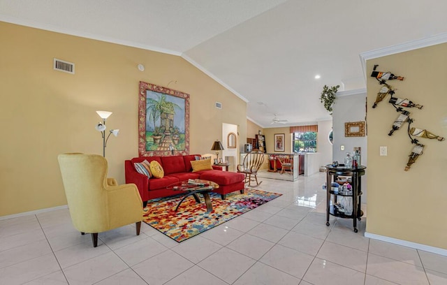 living area featuring visible vents, ornamental molding, baseboards, light tile patterned floors, and vaulted ceiling
