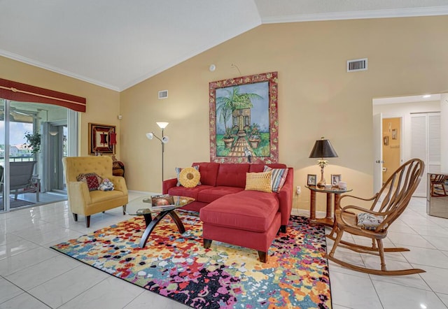 living area featuring light tile patterned floors, ornamental molding, vaulted ceiling, and visible vents