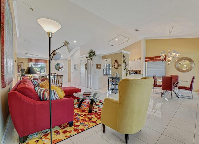 tiled living room featuring baseboards, ornamental molding, ceiling fan with notable chandelier, and lofted ceiling