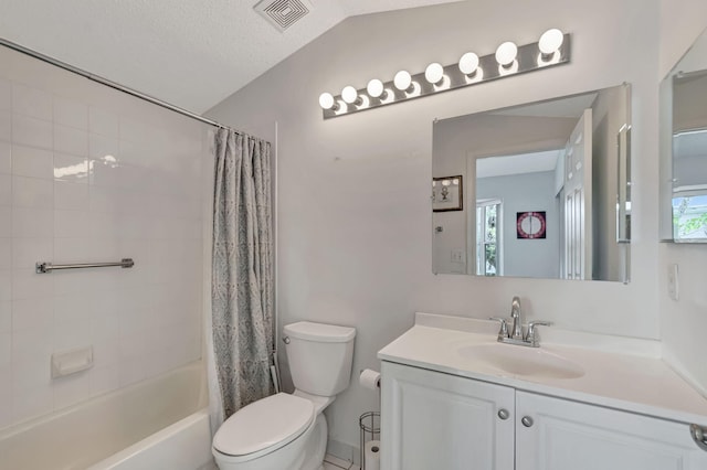 bathroom featuring a wealth of natural light, shower / bath combo, toilet, vanity, and visible vents