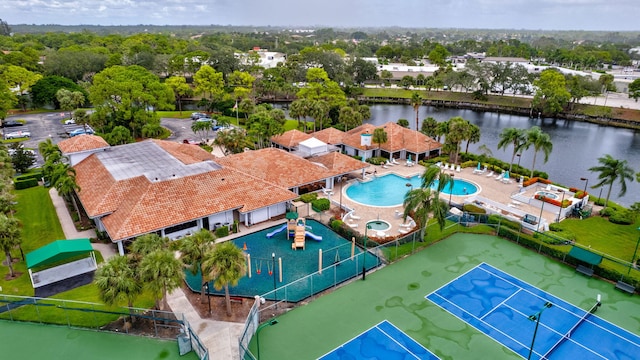 drone / aerial view with a water view