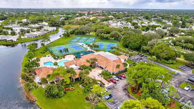 aerial view featuring a water view