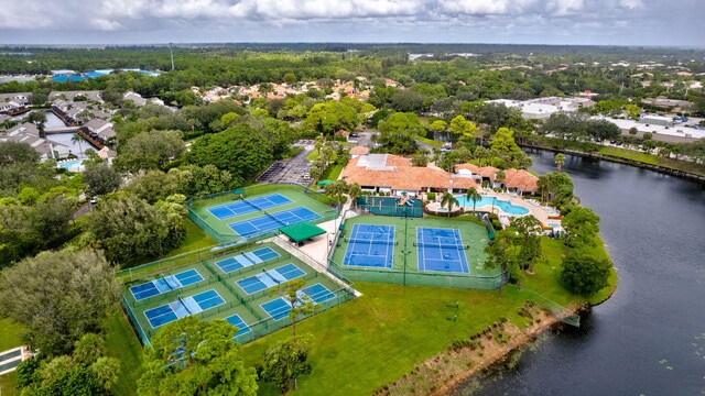 birds eye view of property featuring a water view