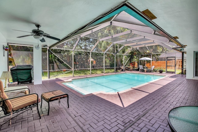 621 NW 71st Ave, Plantation, FL 33317 - view of pool featuring a fenced backyard, grilling area, a patio, a lanai, and a ceiling fan