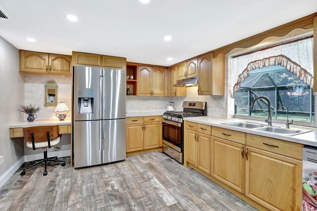 621 NW 71st Ave, Plantation, FL 33317 - kitchen with stainless steel appliances, under cabinet range hood, open shelves, backsplash, and recessed lighting