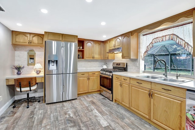 621 NW 71st Ave, Plantation, FL 33317 - kitchen with appliances with stainless steel finishes, under cabinet range hood, a sink, open shelves, and backsplash
