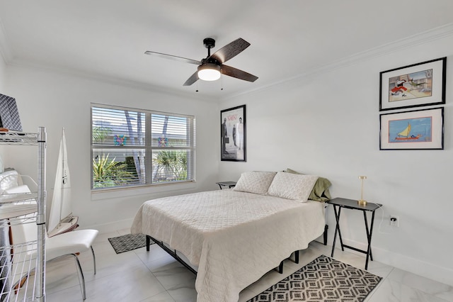 bedroom with baseboards, ornamental molding, and ceiling fan
