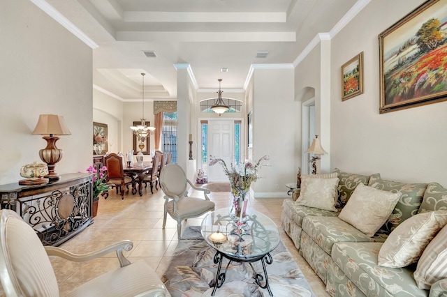 16211 Rosecroft Ter, Delray Beach, FL 33446 - living area featuring arched walkways, a notable chandelier, light tile patterned floors, and a tray ceiling